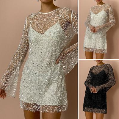 Lady Dress See-through Mesh Sequin Strappy Dress Plus Size Long Sleeve Loose O Sexy Neck Hollow Out Lady Party