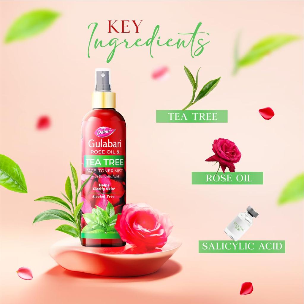 Dabur Gulabari Rose Oil & Tea Tree Face Toner Mist 100ml Pack of 1 for Clear Radiant Skin