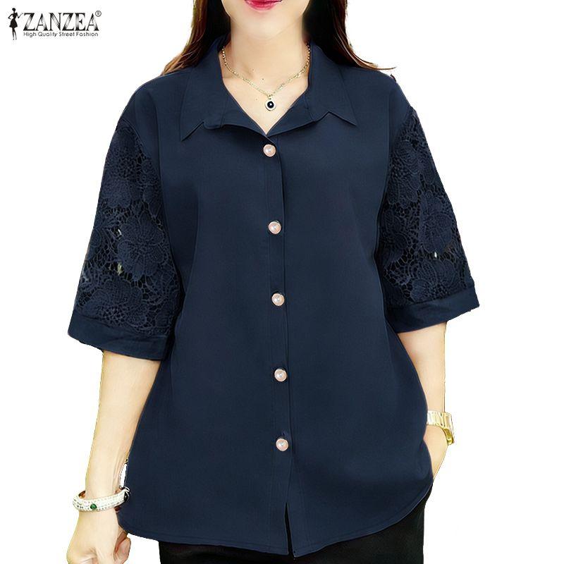 ZANZEA Women Casual Turn Down Collar Lace Splice Half Sleeve Blouse