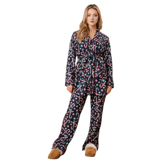 2 Pcs/Set Women Christmas Pajama Set Santa Print Lapel Long Sleeves Single-breasted Loose Shirt Elastic Waist