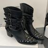 Pointed Toe Rivets Design Ankle Boots Women Fashion Punk Style Belt Buckle Chunky Heels Knight Short Boots Ladies Designer Pumps