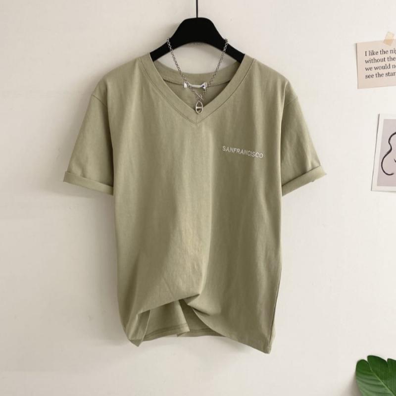 Honey J Women Embroidered LeTTering V Neck T shirT 4colors