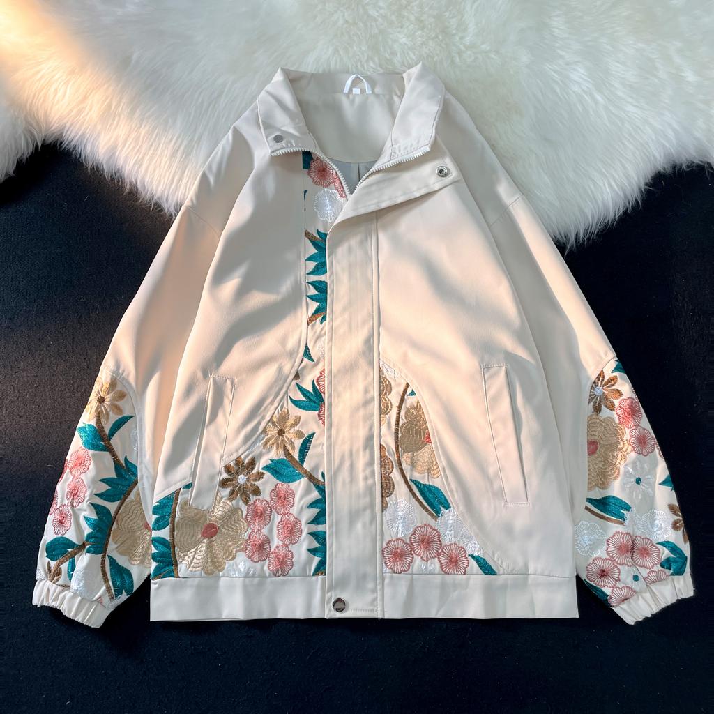 2025 Vintage Flower Embroidery Jackets Patchwork Jackets Men Black Jacket Male Casual Turn Down Collar Coats Spring Hip Hop Mens Loose Coat