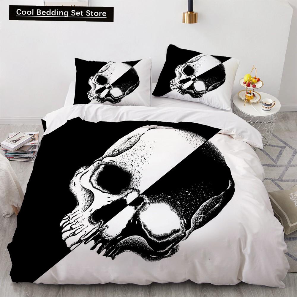 Skull Couple King Queen Duvet Cover Skeleton Bride Bedding Set for Kids Teens Adults Halloween White 2/3pcs Soft Quilt Cover