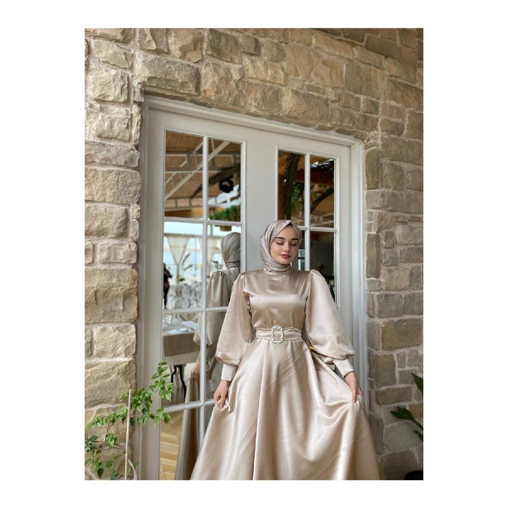 Women's Black Satin Belted Bellae Dress