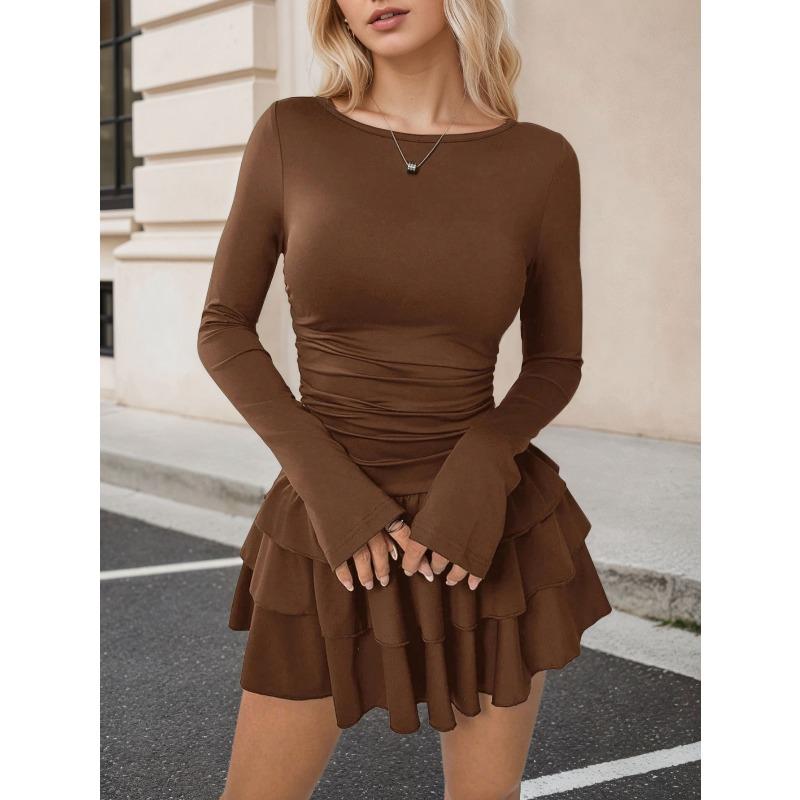 Autumn Elegant Long Sleeve O-neck Sexy Bodycon Solid Mini Prom Dress Women Outfit Elasticity Evening Party Festival Cake Dress