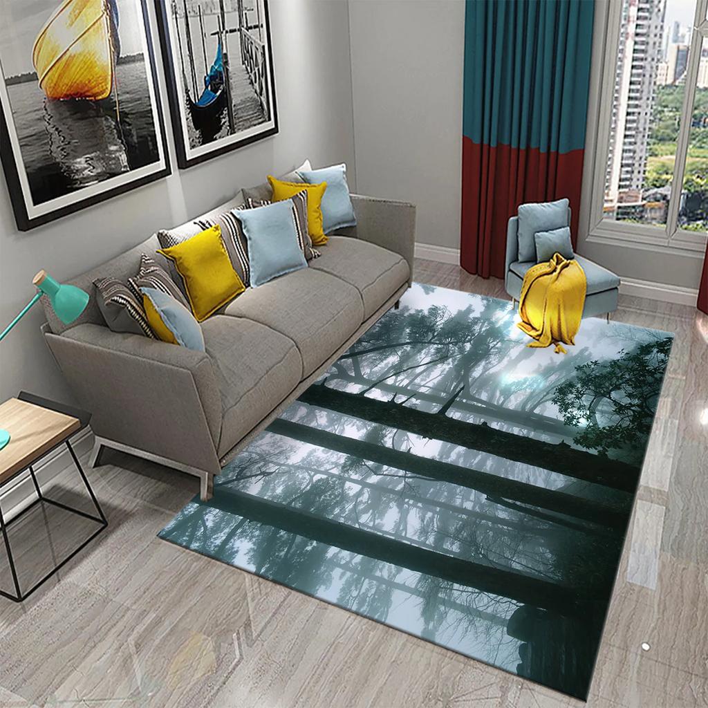 3D Foggy Forest Carpet White Smoke Fog Clouds Rugs Bathroom Kitchen Non-Slip Doormat Area Rug Living Room Bedroom Decor Rugs