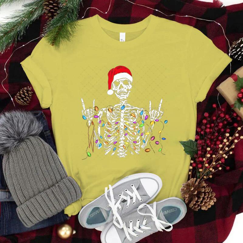 Christmas Skeleton Shirt Funny Lights Skull TShirts for Unisex Unisex Classic Street Style Tops Tees Xmas Santa Hat Skull Clothes