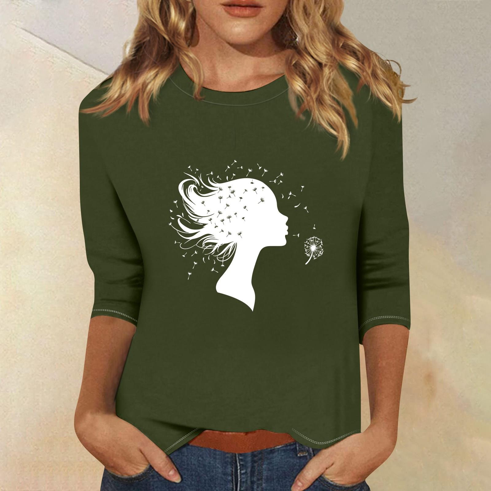 

3/4 рукава топы для женщин футболка повседневные принты топы футболка круглый вырез пуловер блузка XL