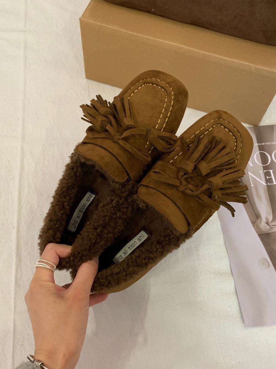 

~ French retro bow British style small leather shoes 2025 new velvet thickened light mouth fluffy shoes 39 світло-коричневого кольору