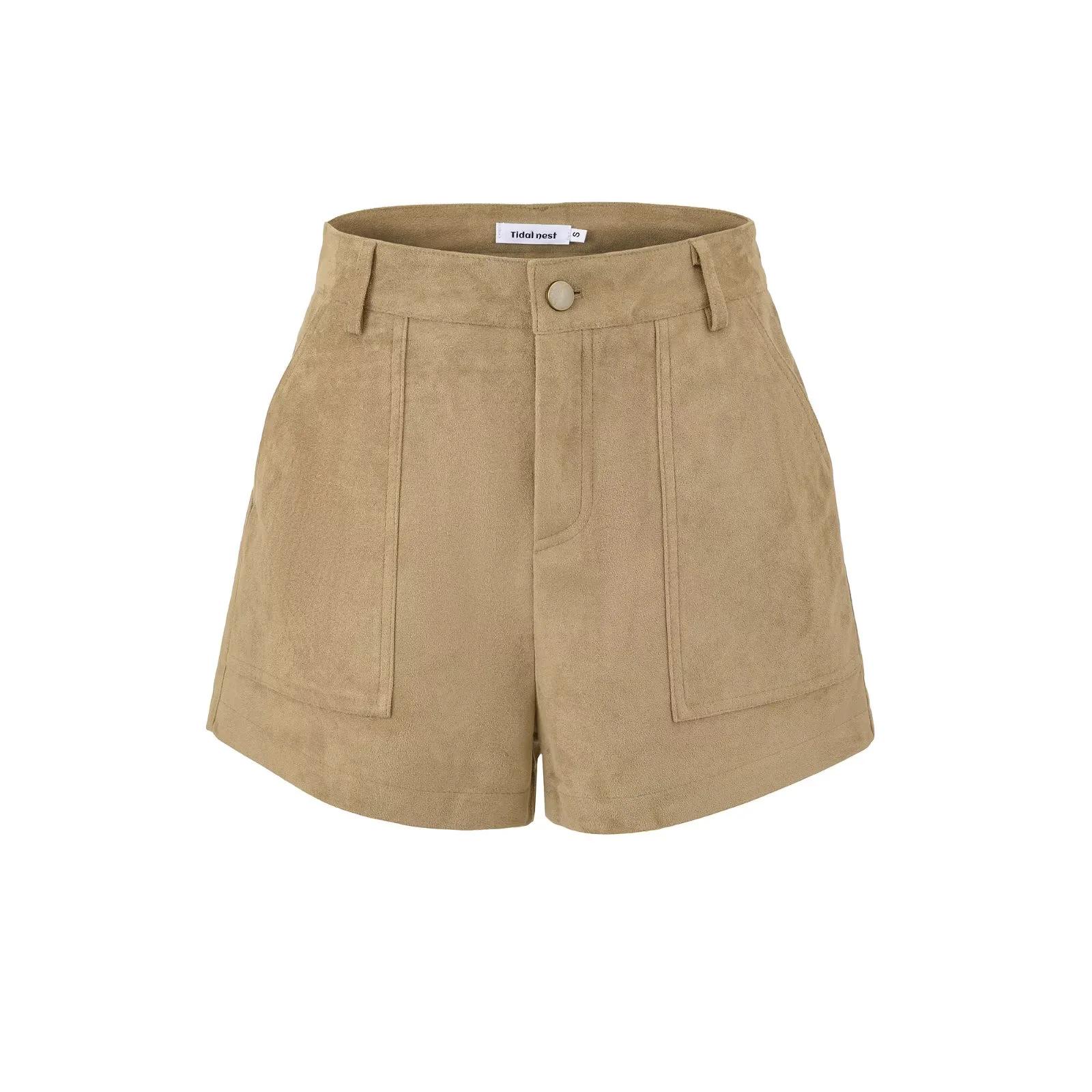 

Women s Korean Retro Suede Wide-Leg Cargo Shorts with Big Pockets for Autumn/Winter Medium хаки