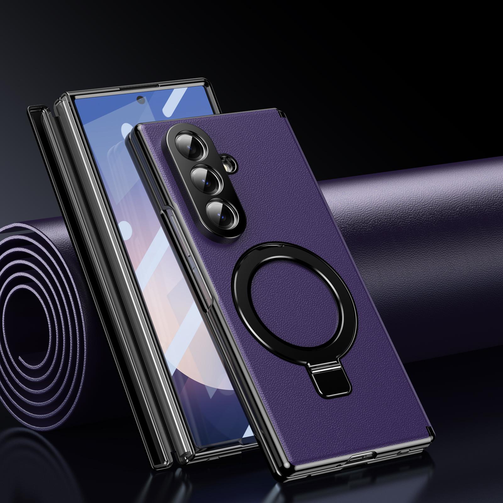 

Скрытая подставка Магнитный кожаный чехол для Samsung Galaxy Z Fold 7 6 5 4 Чехол-подставка с прозрачным защитным стеклом Galaxy Z Fold6 фиолетовый