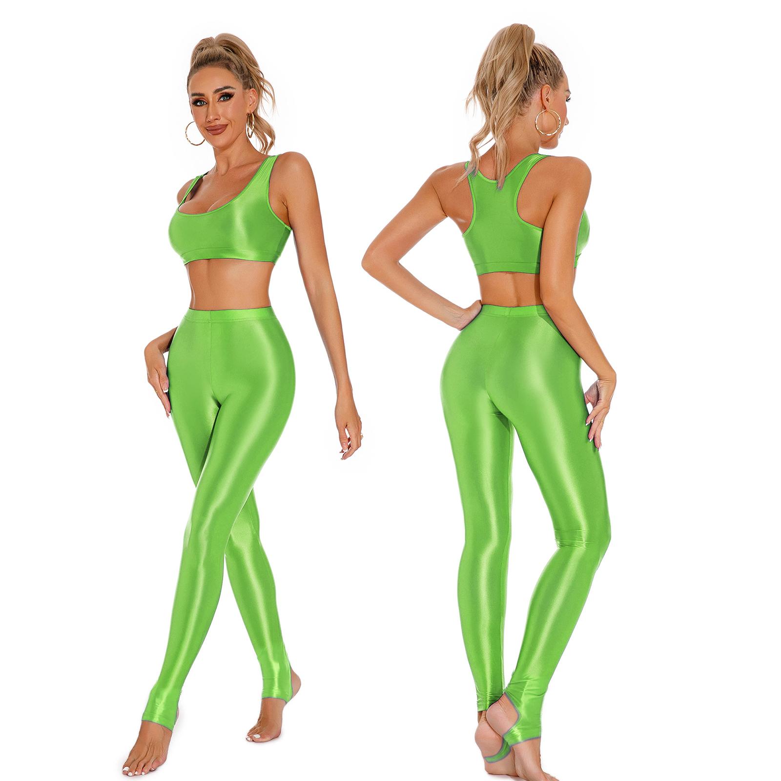 

Жіночий глянсовий кроп-топ та легінси з високою посадкою зі штрипками, комплект спортивного одягу для йоги, приталений костюм для гімнастики XL флуоресцентний жовтий колір