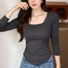 Spring Autumn Square Collar Solid Slim T-shirt Women Long Sleeve All-match Bottomed Tee Female Pullover Top