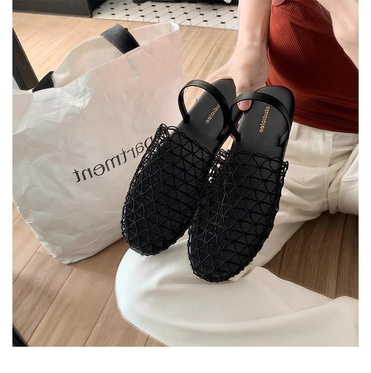 Sheepskin version~ Baotou back strap fishing net flat sandals Roman shoes summer new hollow comfortable beach half slippers