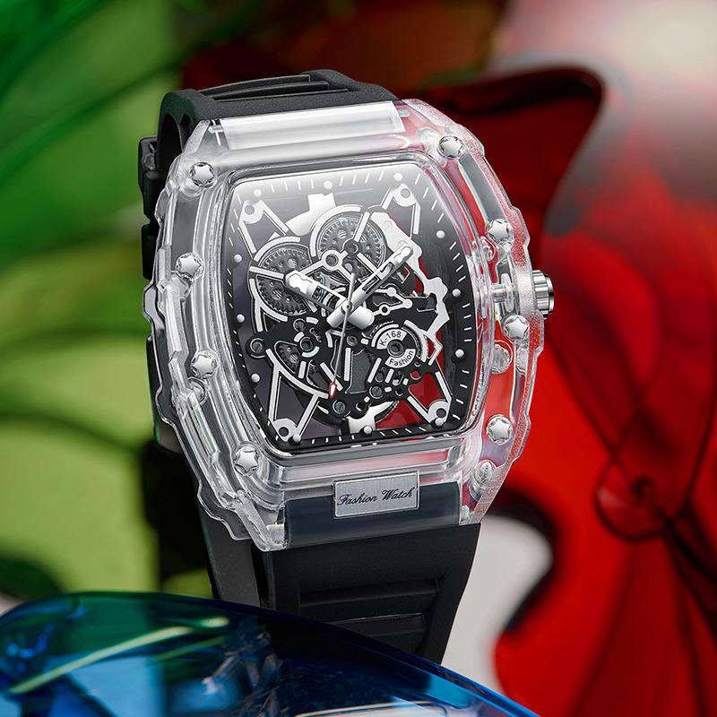 UTHAI Herrenuhr Mode Sport Nachtlicht Wasserdicht Transparent Eimerförmig Herrenuhr Quarz Uhr Uhr Herren Geschenk