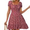 Women's Short Sleeve Summer Dress Square Neck Boho Floral Smocked Swing Dress A-Line Flowy Ruffle Beach Sundress