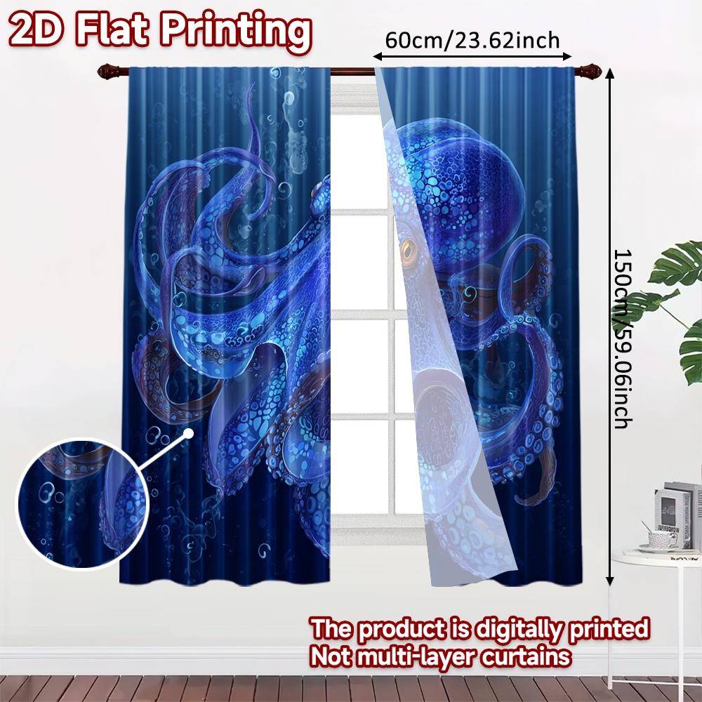 2 stk, 2D FLATTRYKK Gardiner (Uten stang) Dypvannsblekksprut Halloween-festival Kreative gardiner Trykk Lysfiltrerende