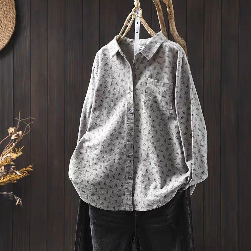 

Женская рубашка с цветочным принтом, весенняя новинка, свободная, в стиле ретро, с длинным рукавом, многослойная S серый
