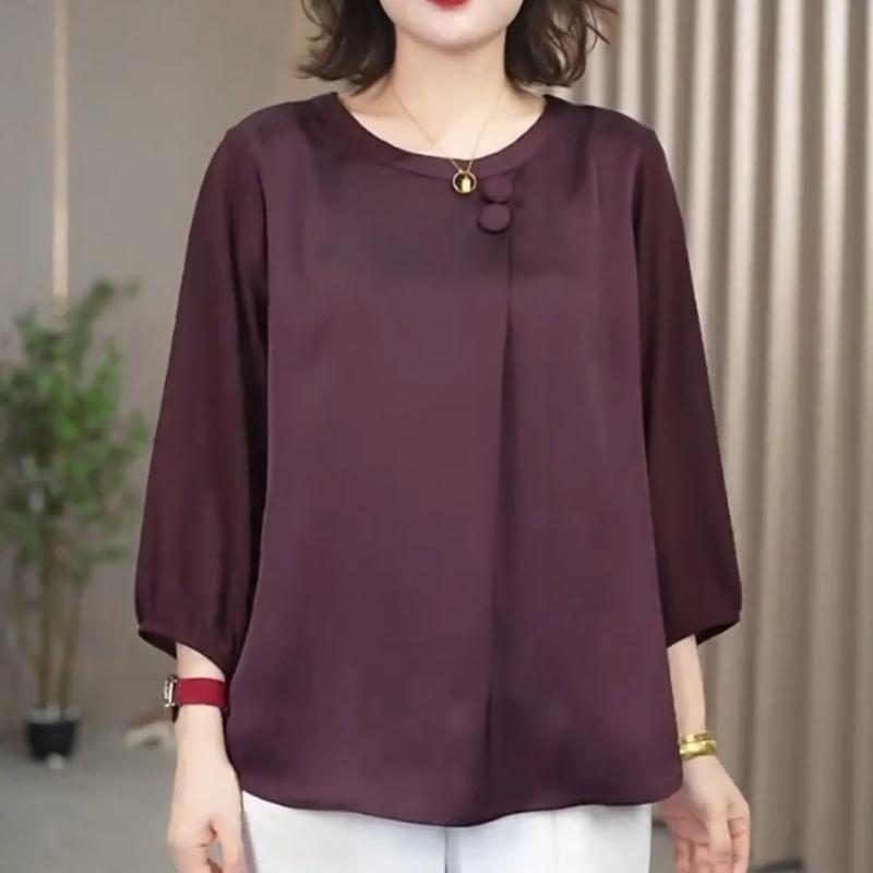 

Women s Burgundy Satin Blouse 3/4 Sleeve Loose Fit Crew Neck Shirt XL фуксия