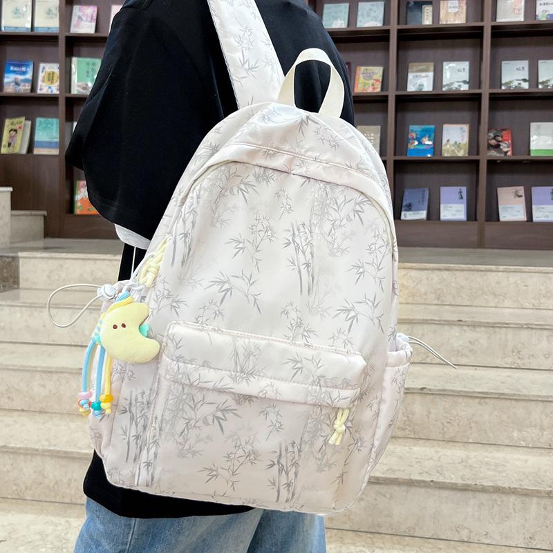 Schoolbag, Korean-style INS new high-value solid color bamboo print backpack, lightweight large-capacity backpack for middle school students