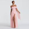 European and American women's clothing one-word shoulder solid color split-ended dress fashionable and sexy backless high split-ended dress