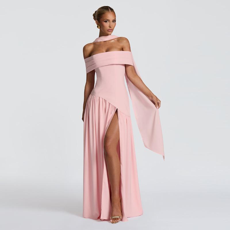 European and American women's clothing one-word shoulder solid color split-ended dress fashionable and sexy backless high split-ended dress