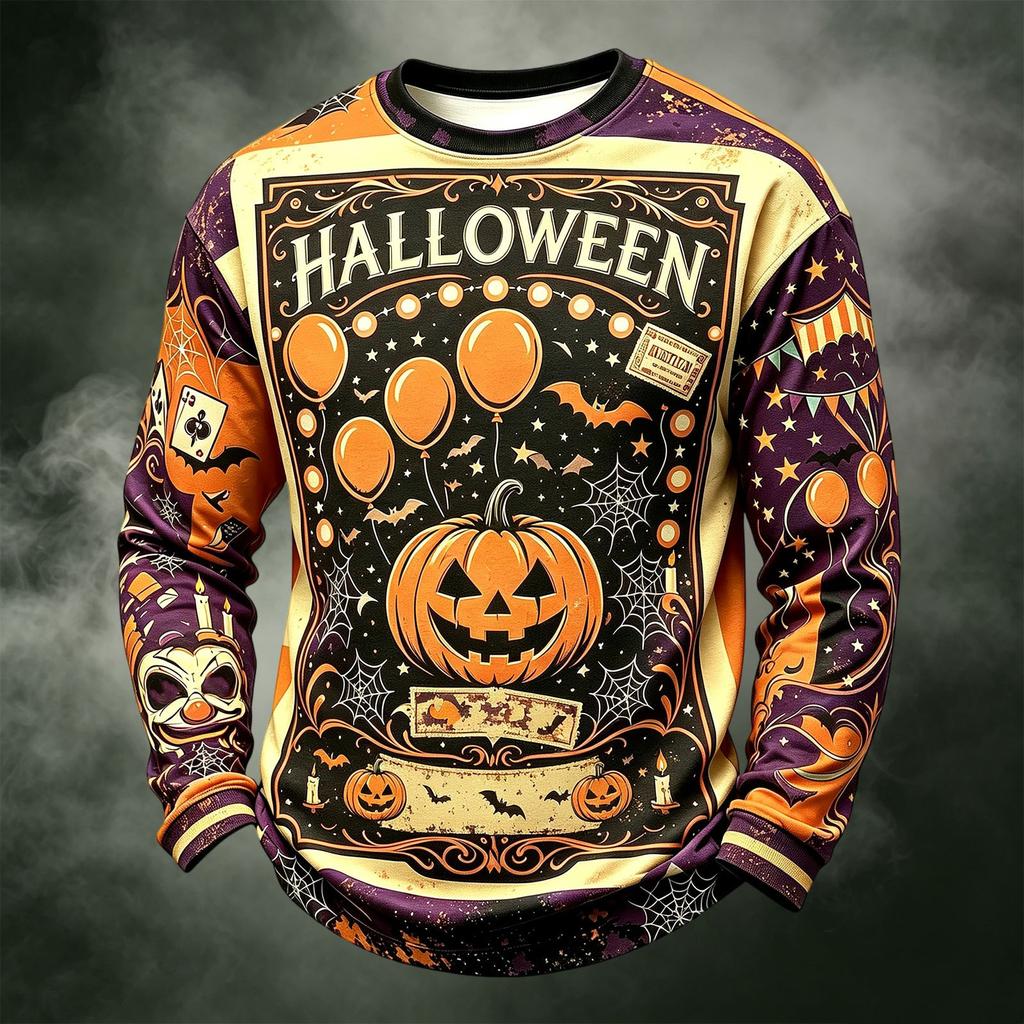 Men's Casual Long Sleeve Crewneck Knit Shirt with Halloween Print
