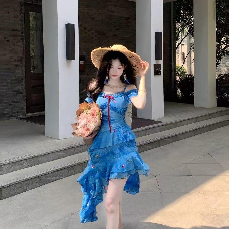 French temperament seaside vacation dress children's summer new blue floral irregular design long dress