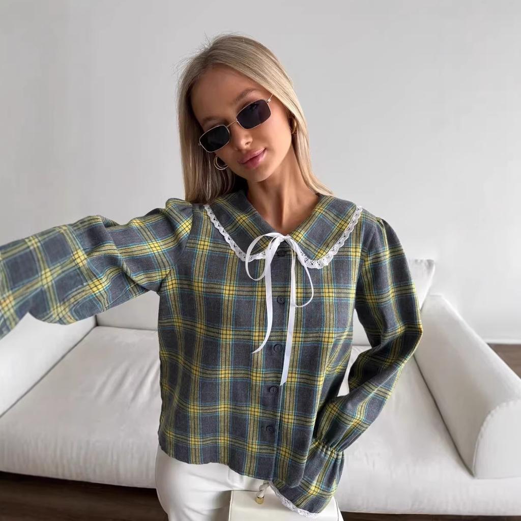 Women's Lace-trimmed Collar Button Down Shirts Long Sleeve Classic Plaid Business Casual Blouse Top Spring Fall Oversized Loose Fit Shirts for Women