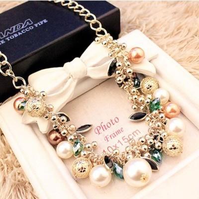 Korean Colored Gemstone Pearl Crystal Necklace Korean Version Exaggerated Collarbone Chain Korean Jewelry Necklace Women's Accessories