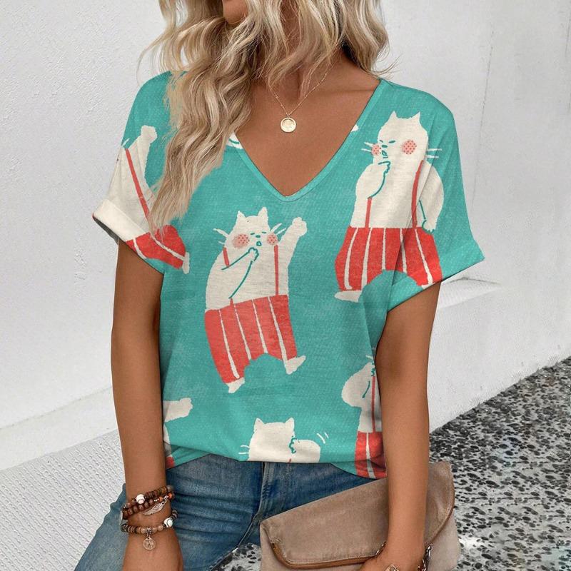 Summer Simple Trendy V-neck T-shirt Loose Casual Cat 3D Digital Printed Casual Short Sleeve T-Shirts Women’s