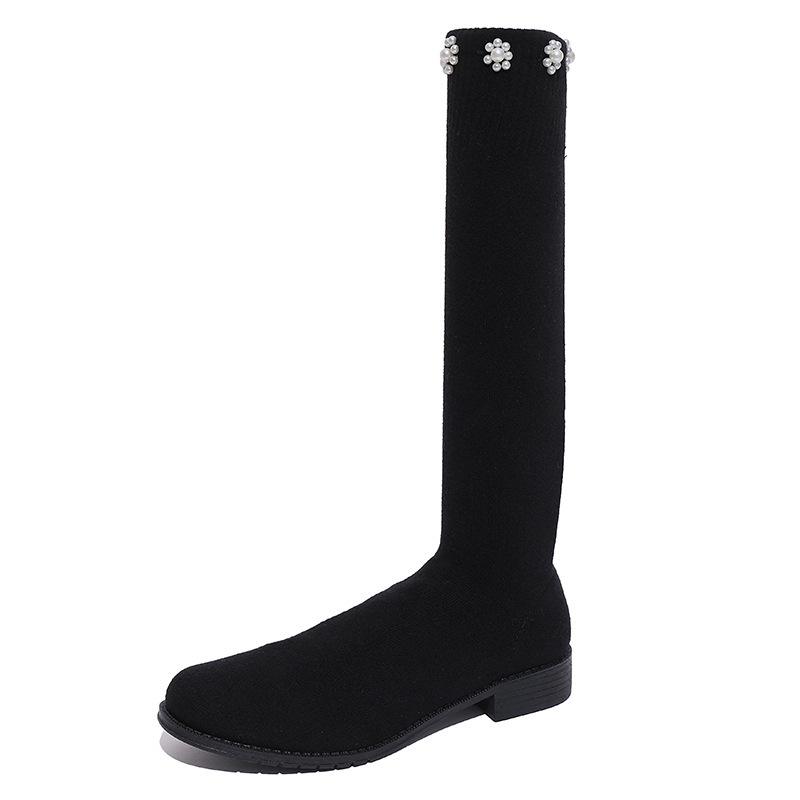 Fashion versatile retro square head thick heel heightened boots autumn and winter new simple pearl fashion boots socks boots