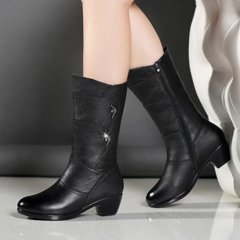 Women's Fashion Mid Top Outdoor Boots Zipper Black Round Head Boots New Women's Winter Boots Size 35-42