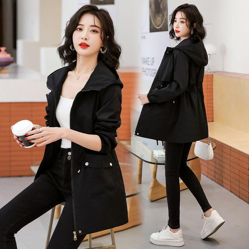 Hooded Mid-length Trench Coats Fashion Drawstring Windproof Jackets Women's Fashion Spring Fall Slim Jacket