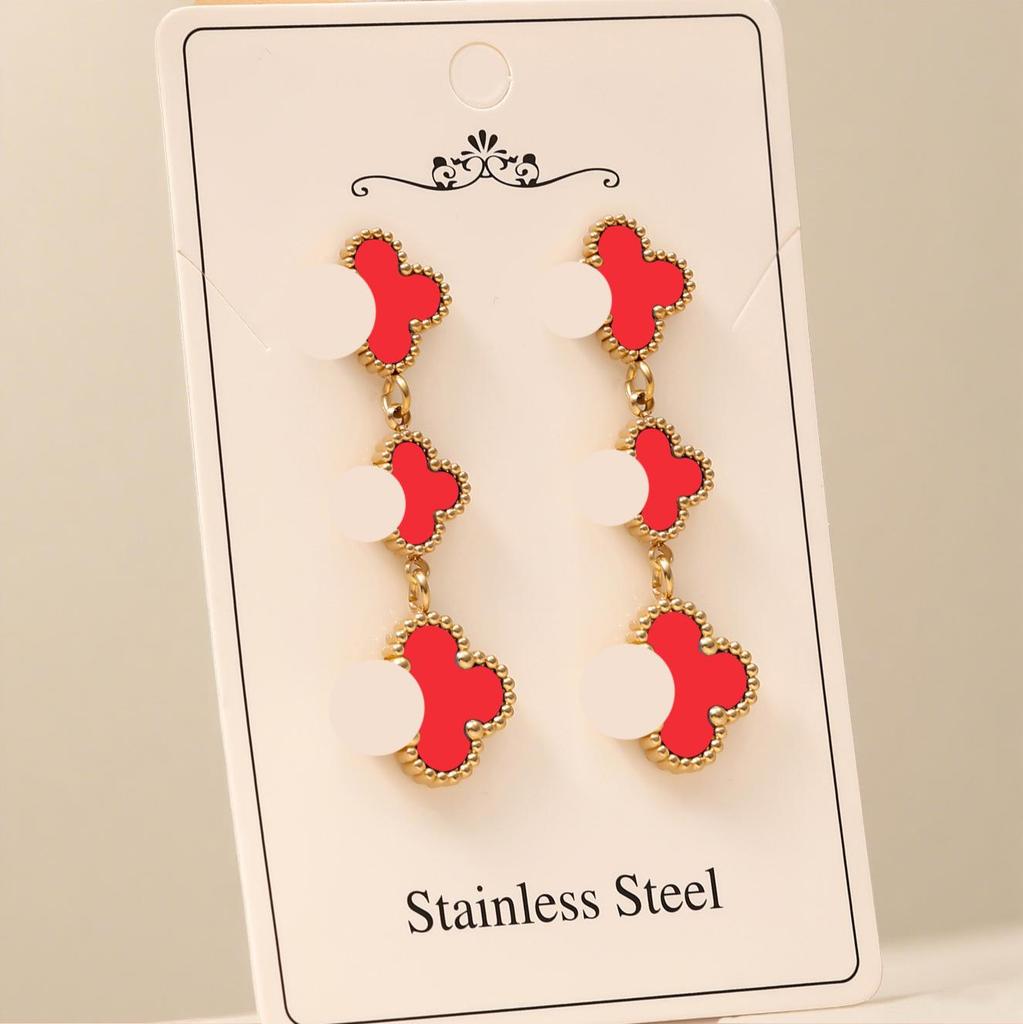 High-End Four-Leaf Clover Tassel Stud Earrings - Stainless Steel, Light Luxury Design