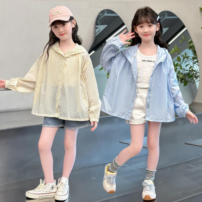 Girls Lace Trim Hooded Lightweight Breathable Upf50 Sun Protection Jacket