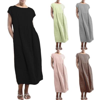 Lässiges Damen Sommer Einfarbig Kurzarm Lockerer Strand Shift Kaftan Midi-Kleid