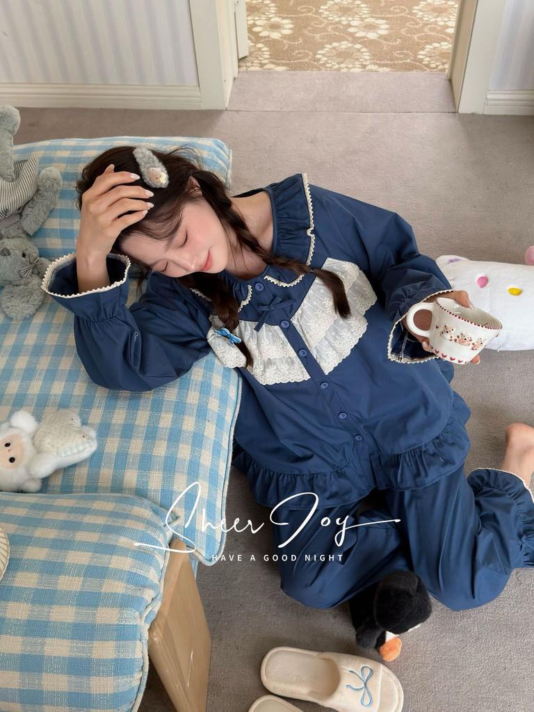 Pure cotton loose and cute long-sleeved trousers lace bow going out spring loungewear suit misty rain sweet dream
