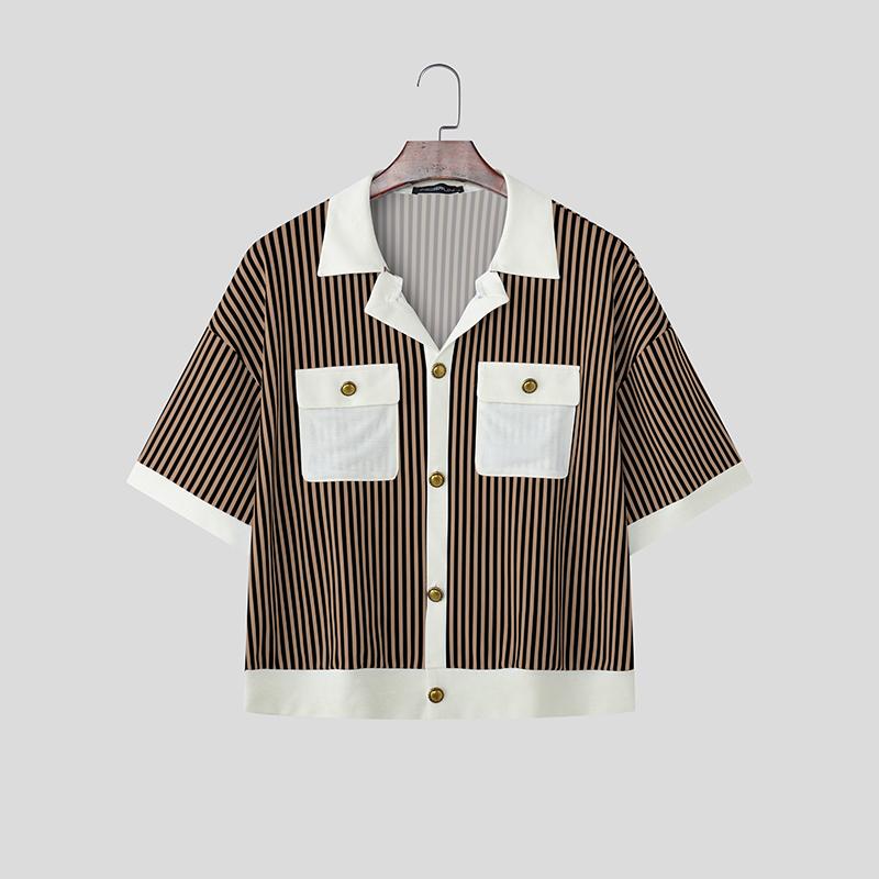 INCERUN Summer Men Lapel Short Sleeve Striped Print Patchwork Button Up Casual Crop Shirts