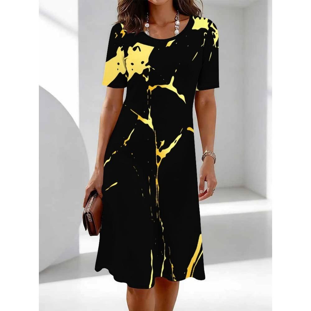 3D Color Tie-Dye Gradient Printed Dress, Summer Short Sleeve Round Neck Casual Mini Dress