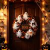 Decorative Fall Wreath Halloween Boo Ghost Wreath, Spooky Door Hanging Decoration with Pumpkins Holiday Home Accents And Spider Webs for Front Porch,