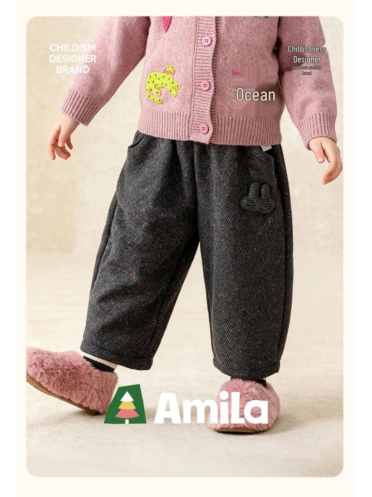 Tongbei 2025 Winter Girls' Double-Layer Fleece-Lined Casual Pants - Thick, Warm, Versatile Fashion.