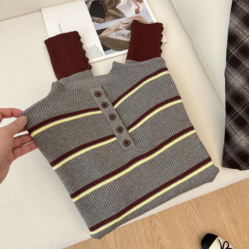 Echter Herbst- und Winter-Kontrastfarben-gestreifter Halbrollkragen-Strickpullover mit langen Ärmeln