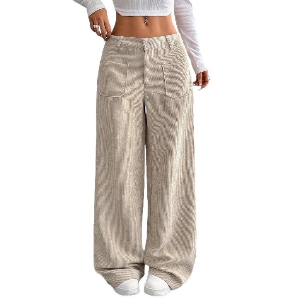 Women's Corduroy Wide Leg Pants with Patchwork Design High Waist Loose Fit Casual Trousers