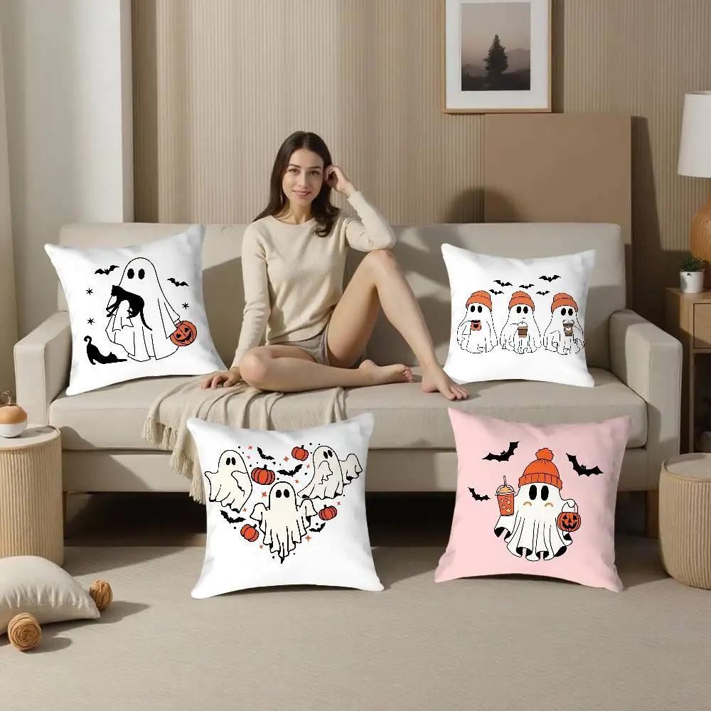 Halloween Cute Ghost Pillow Case Plush Fabric Soft Double Sided Print Sofa Cushion Cover Throw Pillow Covers