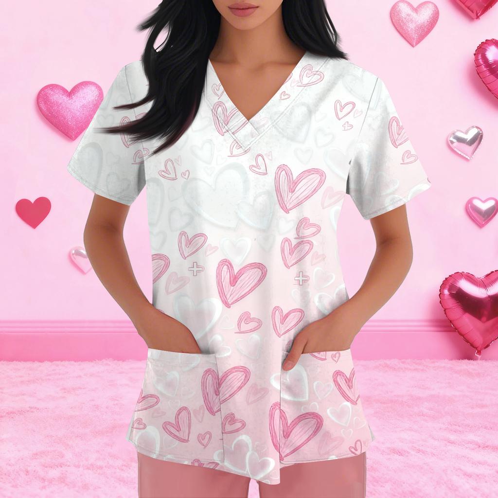 Women's Fashion Short-Sleeve Valentine's Day Print V-Neck Pocket Workwear Top