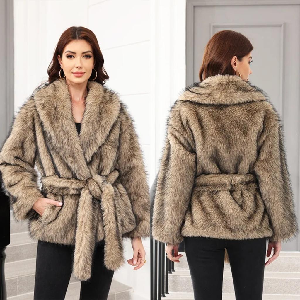 Long Faux Fur Coat Women Autumn Winter Large Jacket Overcoat Turn Down Collar Pockets Luxury Thick Coat Warm Jackets Maxi Coats