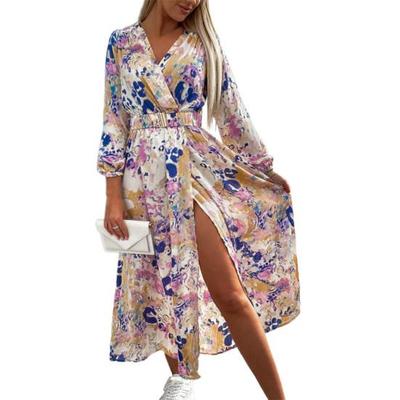 V-Neck Long Sleeve Maxi Dress Belt High Waist Ankle Length Colorful Print Split Hem Holiday Dress Streetwear