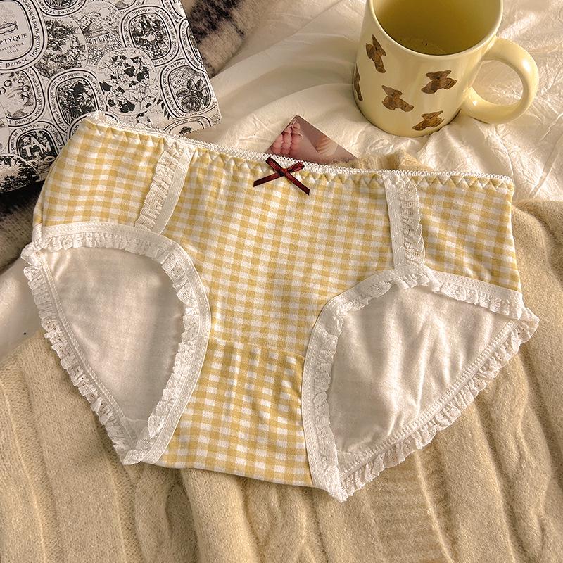 Girls' Cotton Mid-Waist Plaid Panties with Bow - Comfortable & Breathable